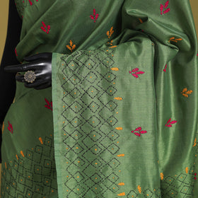 Green - Bengal Hand Embroidery Silk Nakshi Kantha Saree 11
