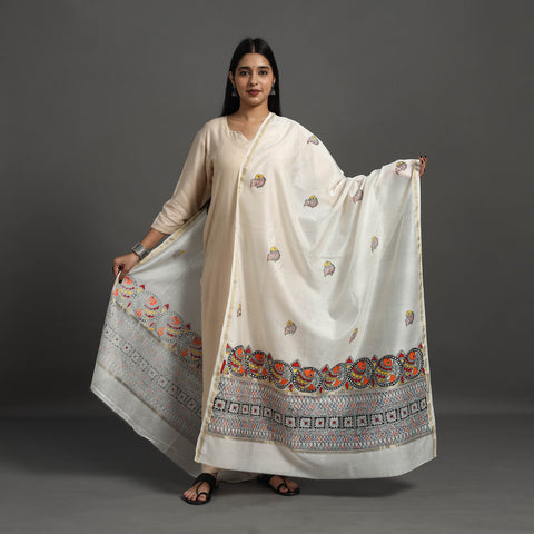 White - Handloom Chanderi Silk Handpainted Madhubani Dupatta 45