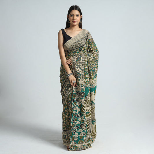 Green - Kalamkari Printed Cotton Saree with Blouse Piece 27