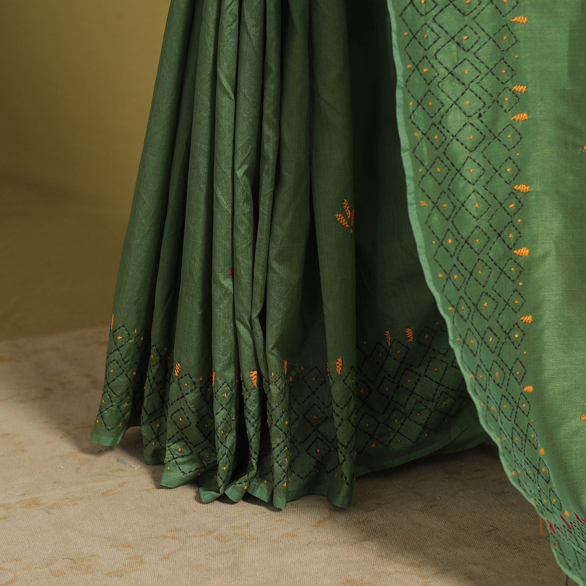 Green - Bengal Hand Embroidery Silk Nakshi Kantha Saree 11