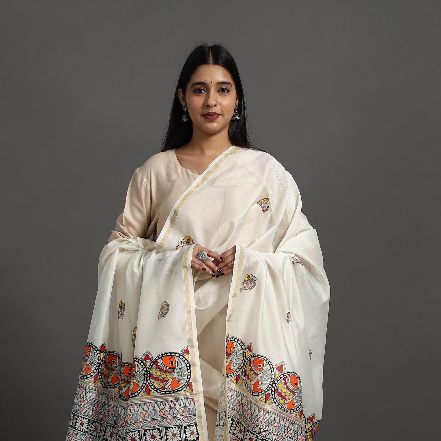 White - Handloom Chanderi Silk Handpainted Madhubani Dupatta 45