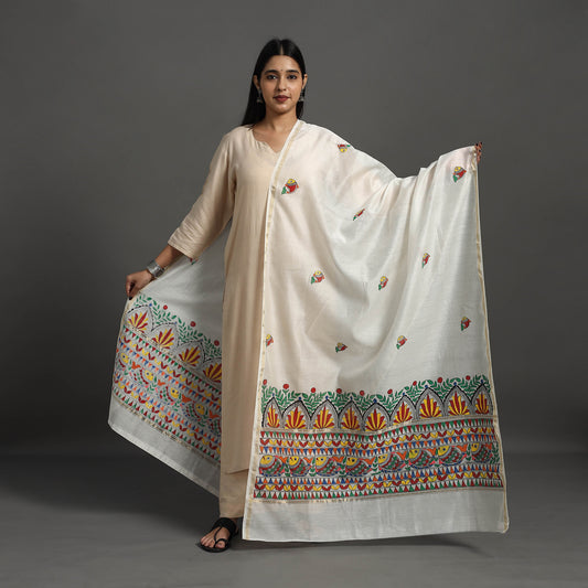 White - Handloom Chanderi Silk Handpainted Madhubani Dupatta 46