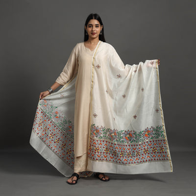 White - Handloom Chanderi Silk Handpainted Madhubani Dupatta 47