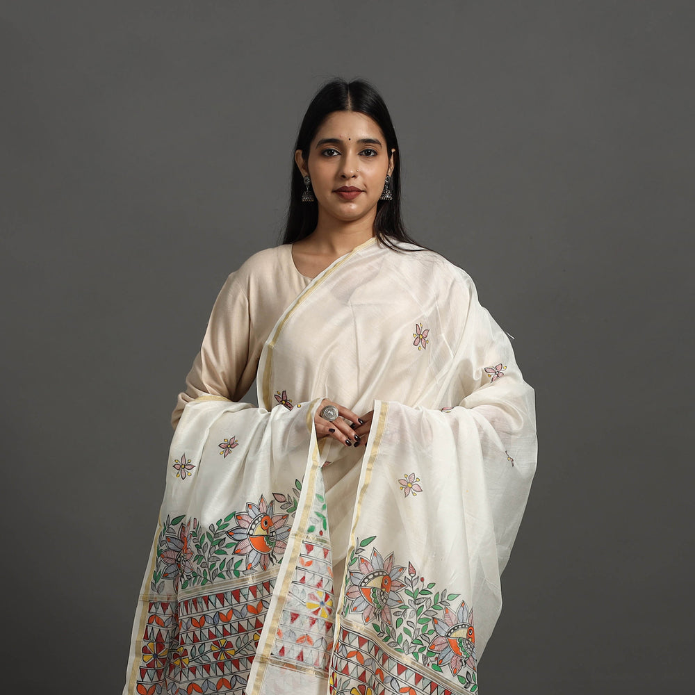 White - Handloom Chanderi Silk Handpainted Madhubani Dupatta 47