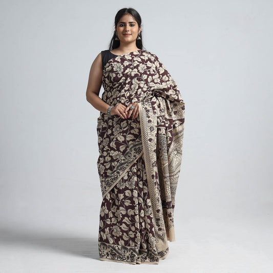 Brown - Kalamkari Printed Cotton Saree with Blouse Piece