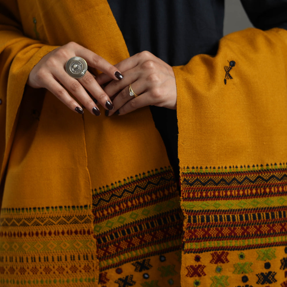 Yellow - Kutch Handwoven Mirror Work Woollen Shawl 18