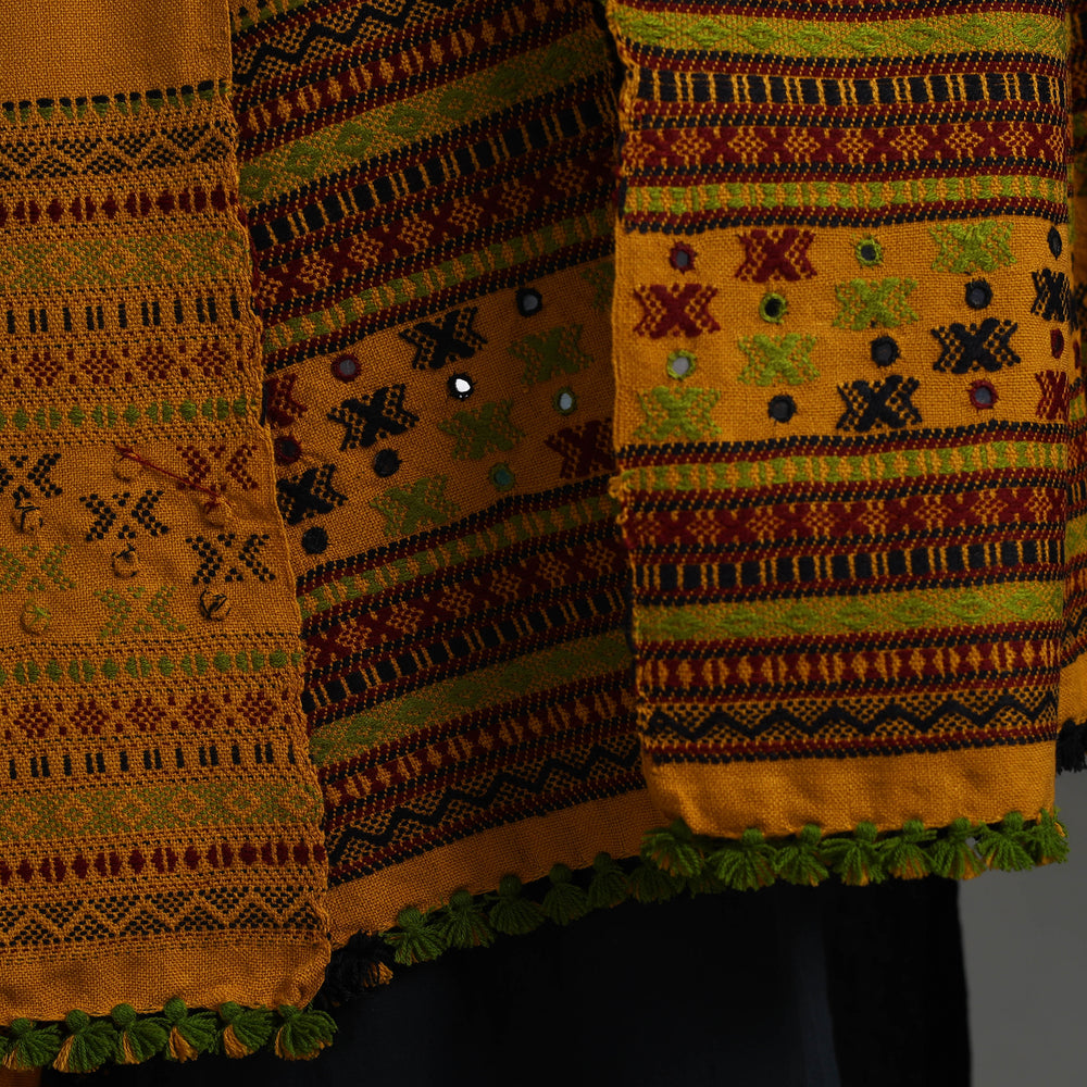 Yellow - Kutch Handwoven Mirror Work Woollen Shawl 18