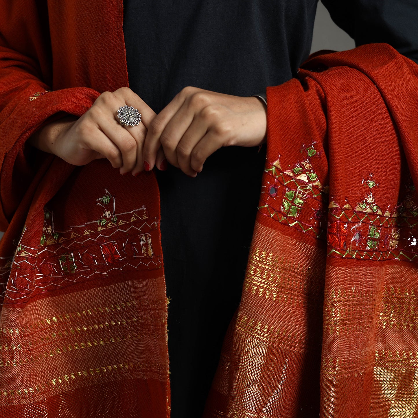 Red - Kutch Neran Hand Embroidery Mirror Work Woollen Shawl 71