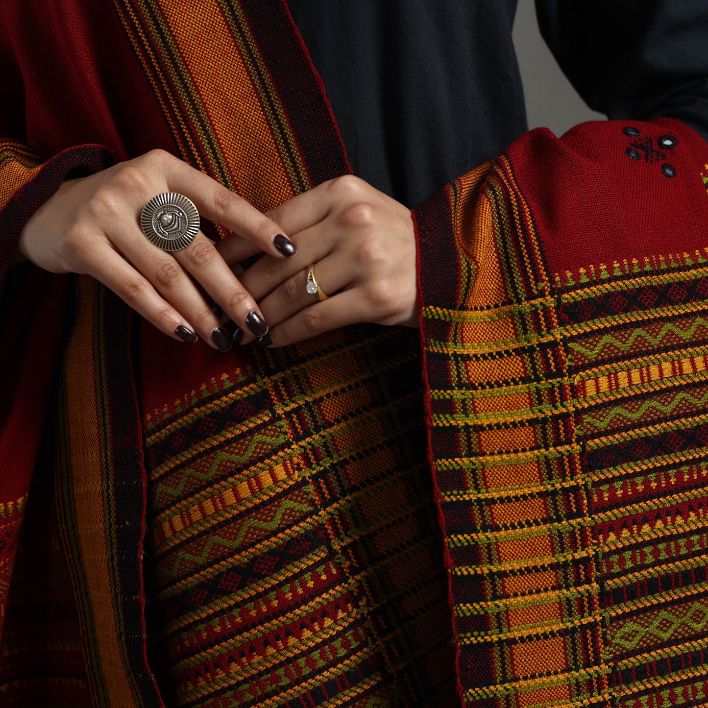 Red - Kutch Handwoven Mirror Work Woollen Shawl 05