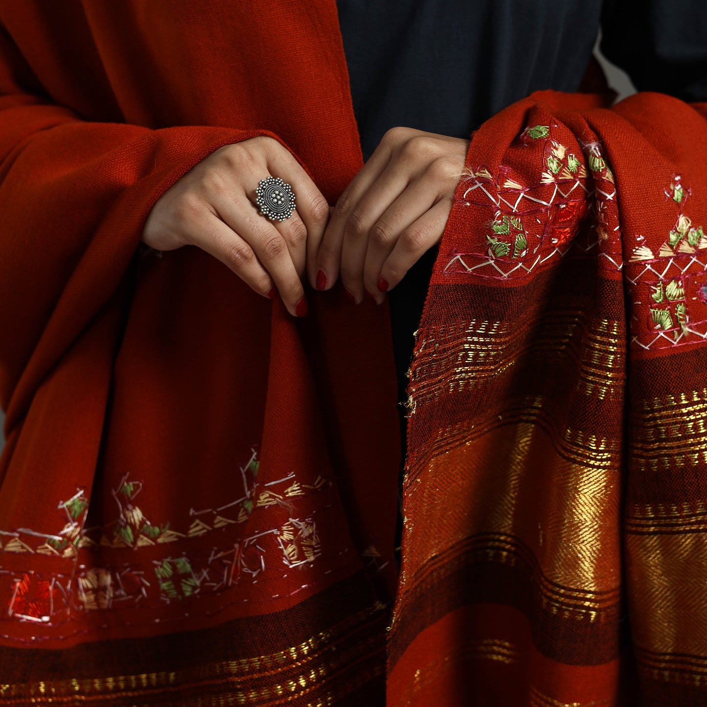 Red - Kutch Neran Hand Embroidery Mirror Work Woollen Shawl 76