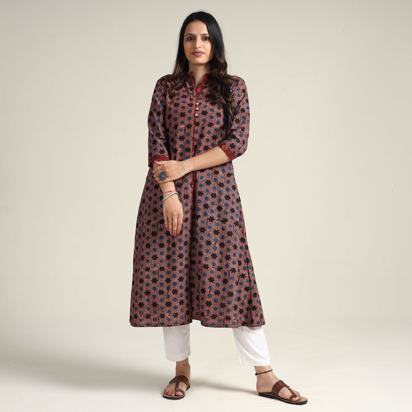 Maroon - Ajrakh Block Printed Cotton Long Kurta