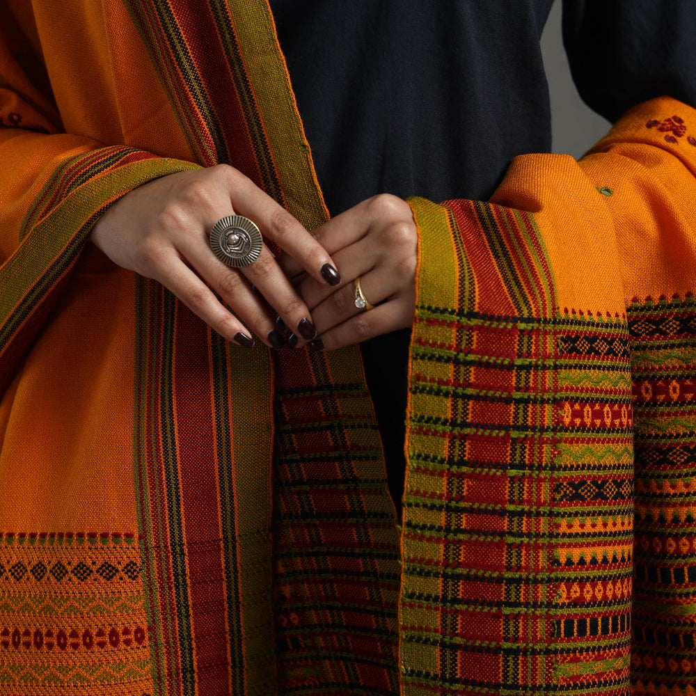 Orange - Kutch Handwoven Mirror Work Woollen Shawl 07