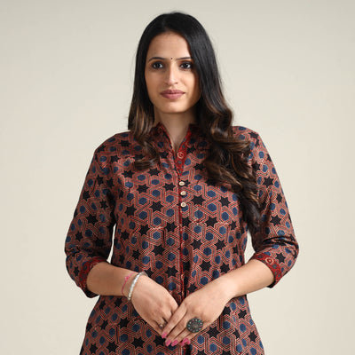 Maroon - Ajrakh Block Printed Cotton Long Kurta