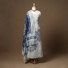 White 3pc Cotton Indonesian Batik Print Unstitched Dress Material
