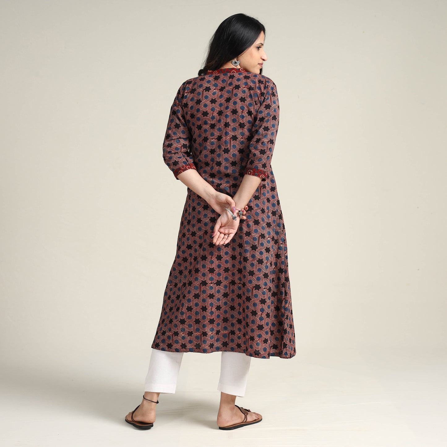 Maroon - Ajrakh Block Printed Cotton Long Kurta