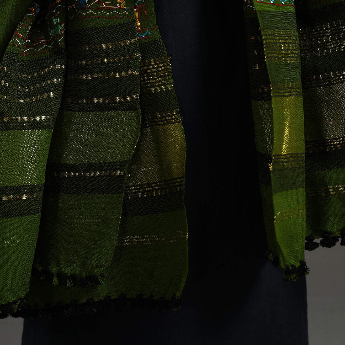 Green - Kutch Neran Hand Embroidery Mirror Work Woollen Shawl 78