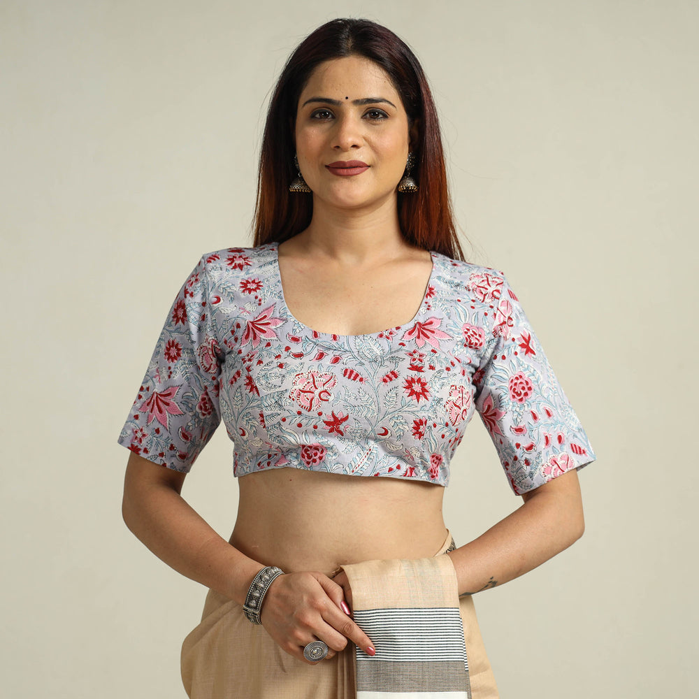 Grey - Sanganeri Block Printed Cotton Stitched Blouse 08