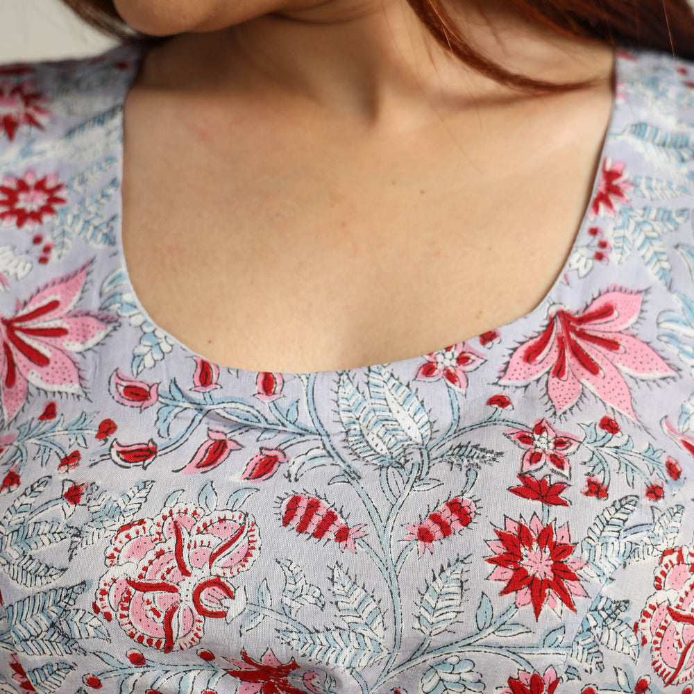 Grey - Sanganeri Block Printed Cotton Stitched Blouse 08