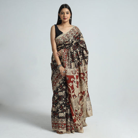 Black - Kalamkari Printed Cotton Saree with Blouse Piece 37