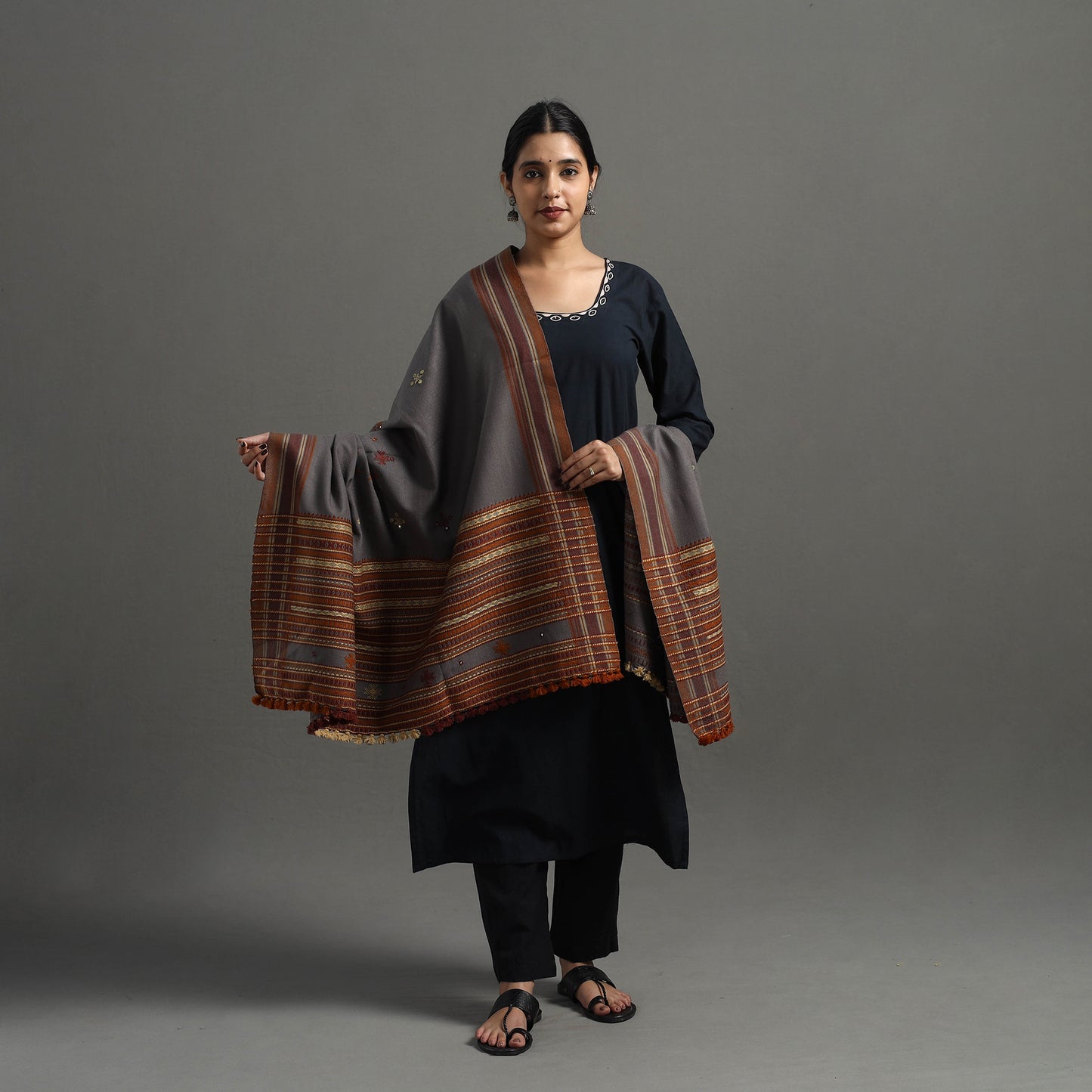 Grey - Kutch Handwoven Mirror Work Woollen Shawl 13