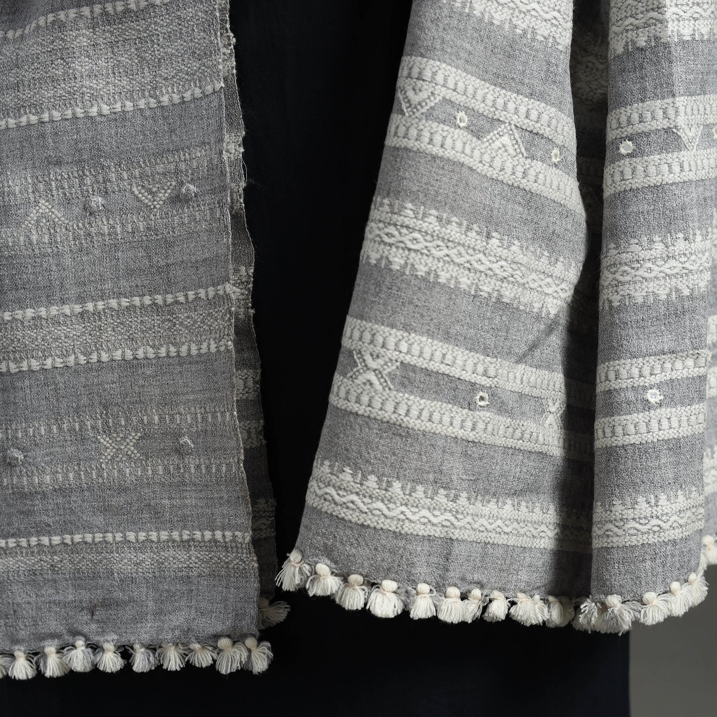 Grey - Kutch Handwoven Mirror Work Woollen Shawl 83