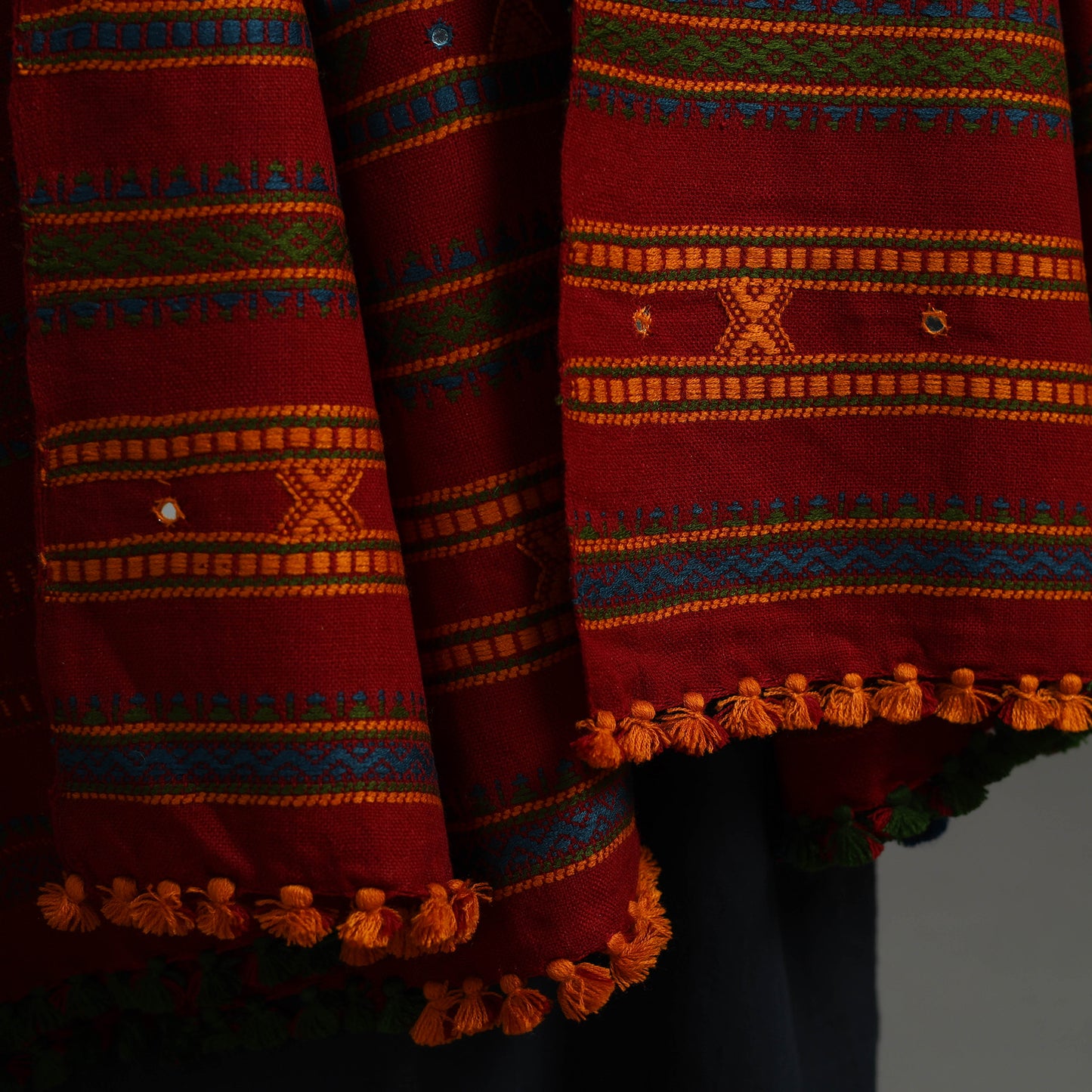 Red - Kutch Handwoven Mirror Work Woollen Shawl 14