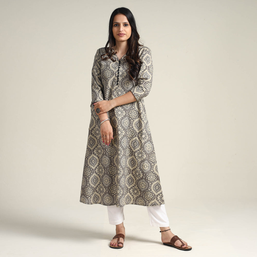 Grey - Ajrakh Block Printed Cotton Long Kurta