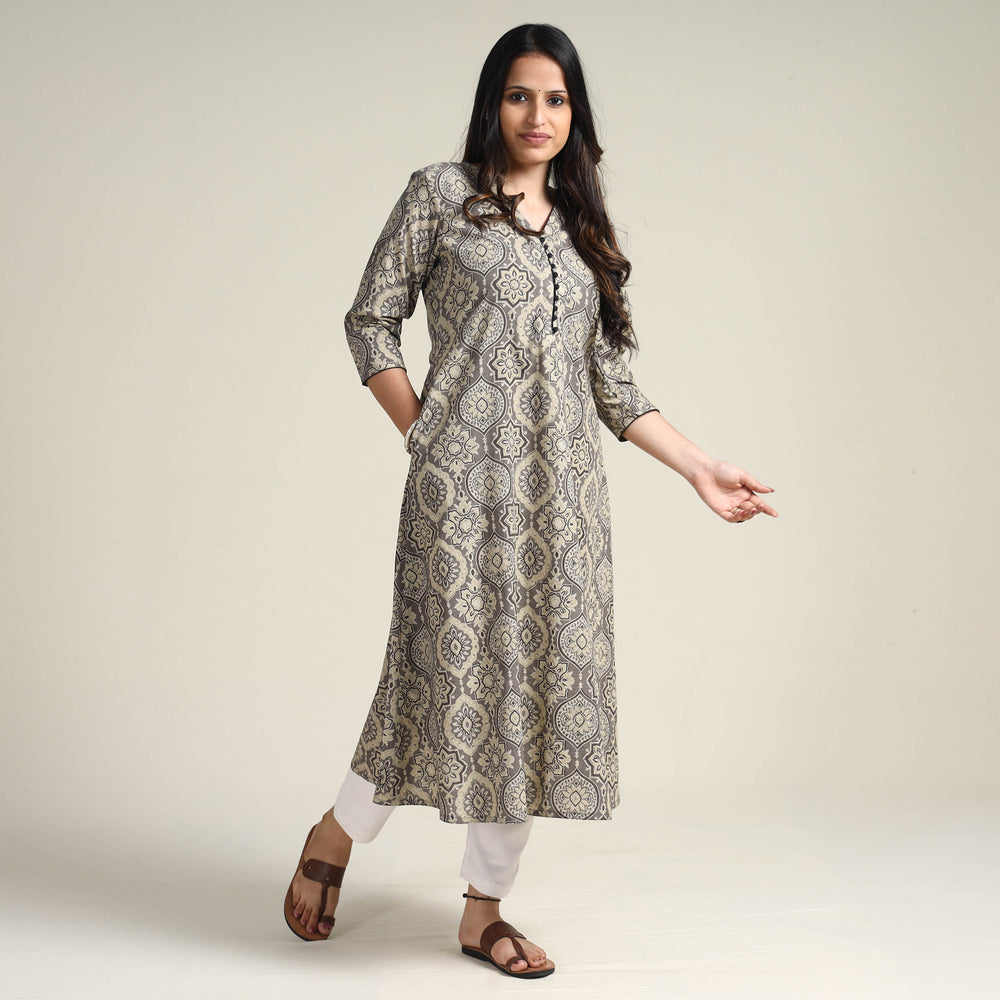 Grey - Ajrakh Block Printed Cotton Long Kurta