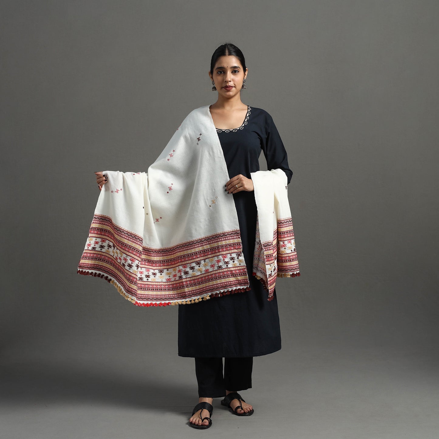 White - Kutch Handwoven Mirror Work Woollen Shawl 15