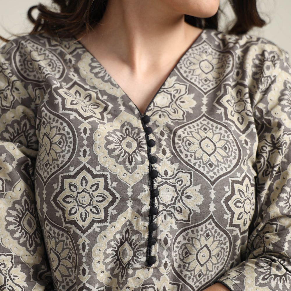 Grey - Ajrakh Block Printed Cotton Long Kurta