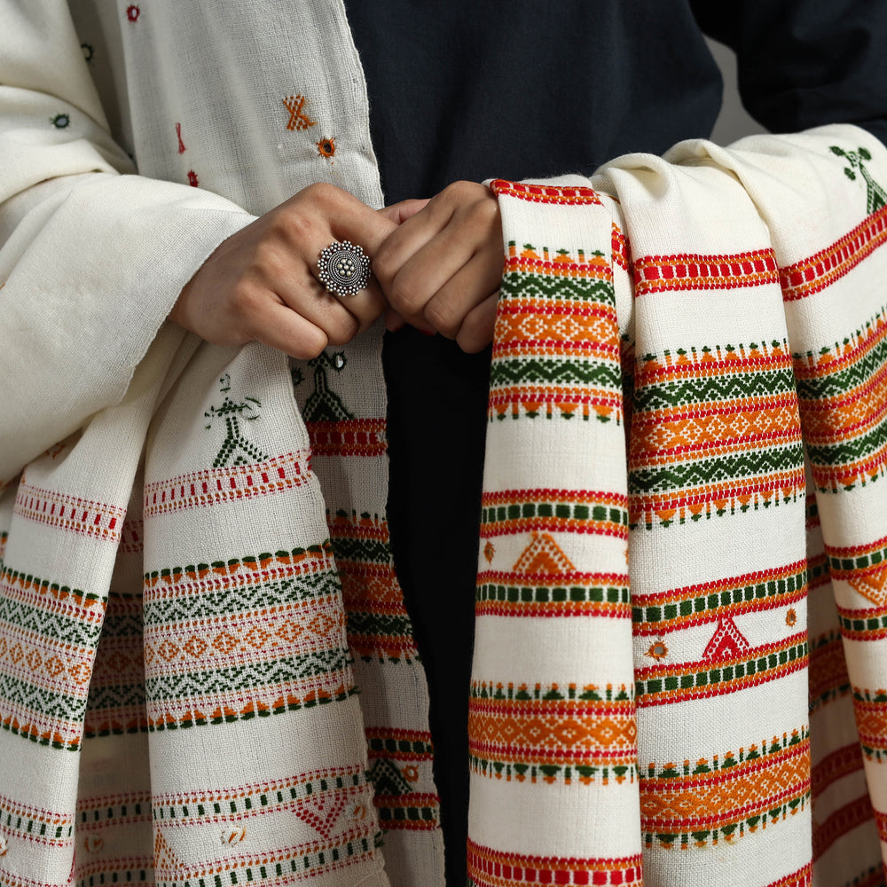 White - Kutch Handwoven Mirror Work Woollen Shawl 84