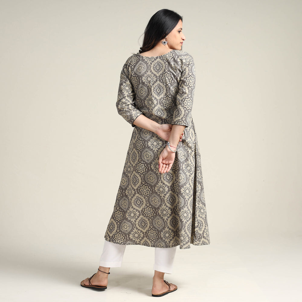 Grey - Ajrakh Block Printed Cotton Long Kurta