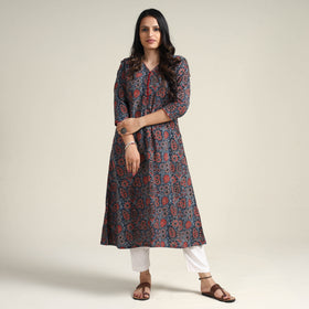 Blue - Ajrakh Block Printed Cotton Long Kurta