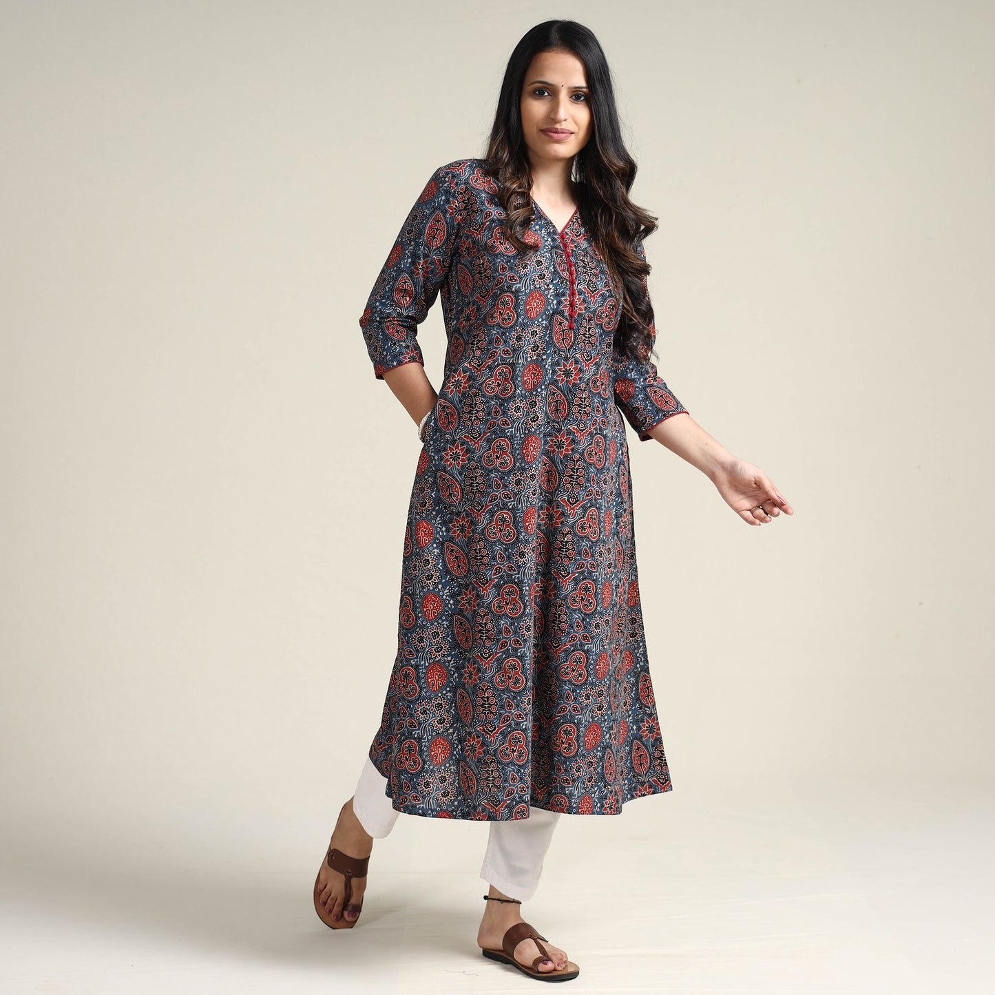Blue - Ajrakh Block Printed Cotton Long Kurta