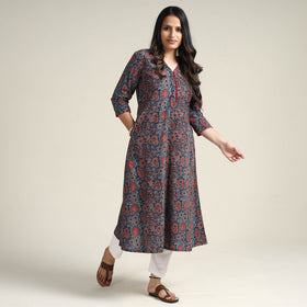 Blue - Ajrakh Block Printed Cotton Long Kurta