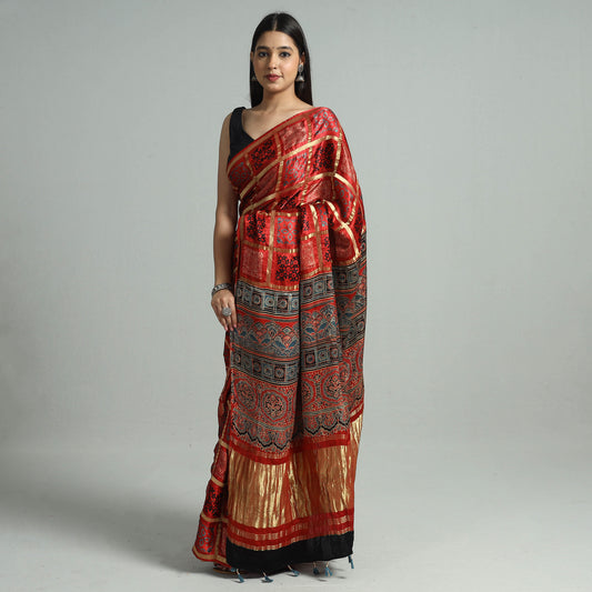 Red - Ajrakh Block Printed Modal Silk Lagdi Patta Saree with Tassels 04