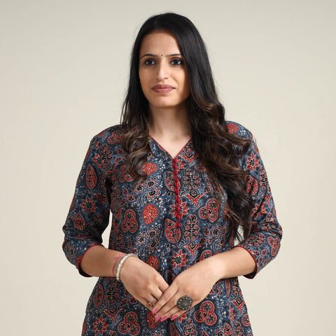 Blue - Ajrakh Block Printed Cotton Long Kurta