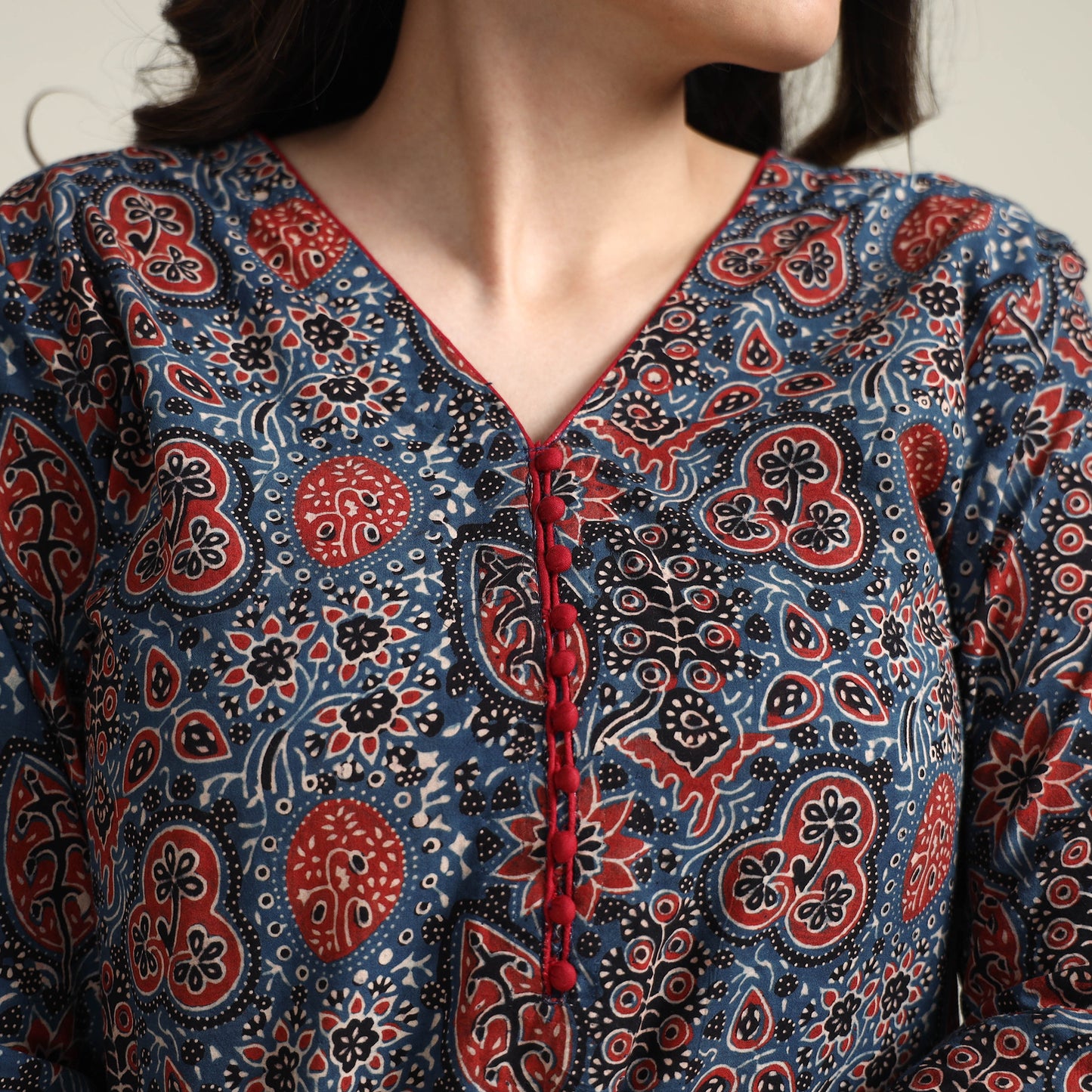 Blue - Ajrakh Block Printed Cotton Long Kurta