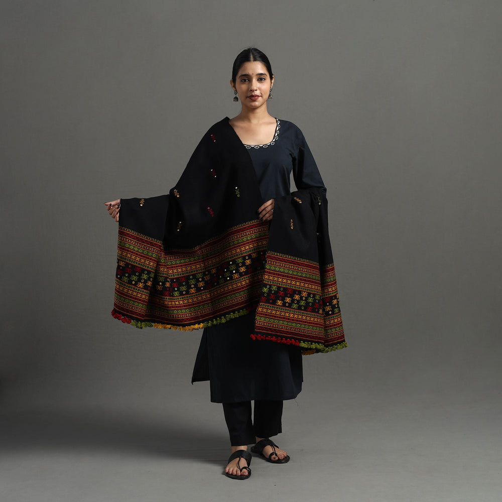 Black - Kutch Handwoven Mirror Work Woollen Shawl 17