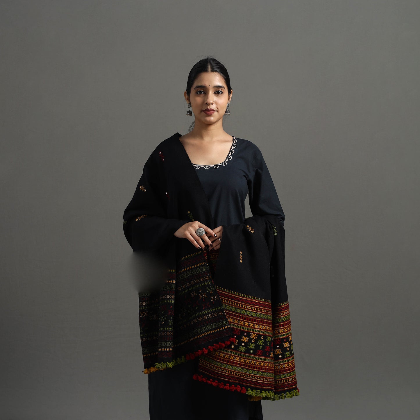 Black - Kutch Handwoven Mirror Work Woollen Shawl 17