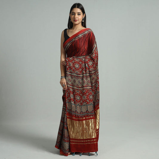 Red - Ajrakh Block Printed Modal Silk Lagdi Patta Saree with Tassels 05
