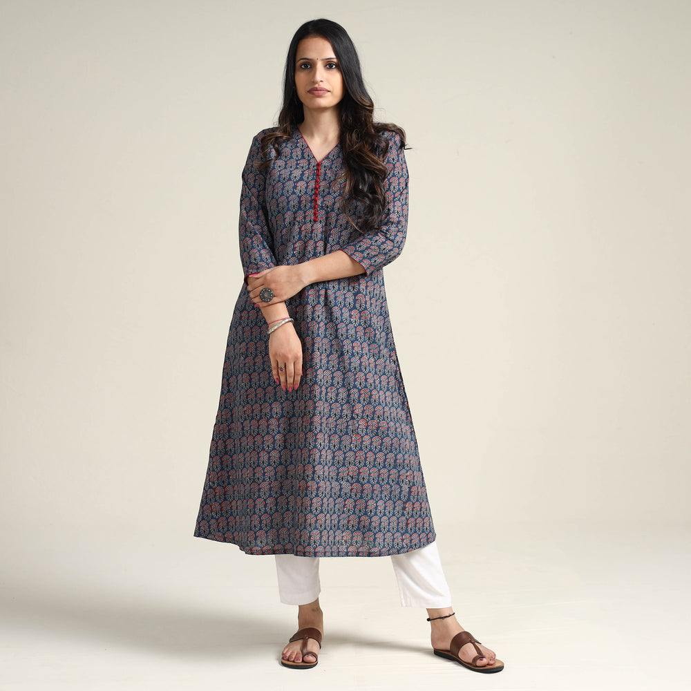 Blue - Ajrakh Block Printed Cotton Long Kurta