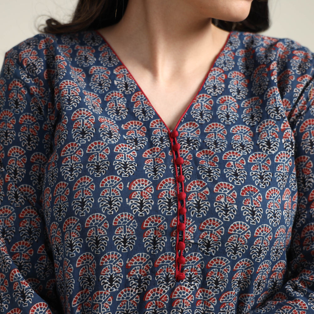 Blue - Ajrakh Block Printed Cotton Long Kurta