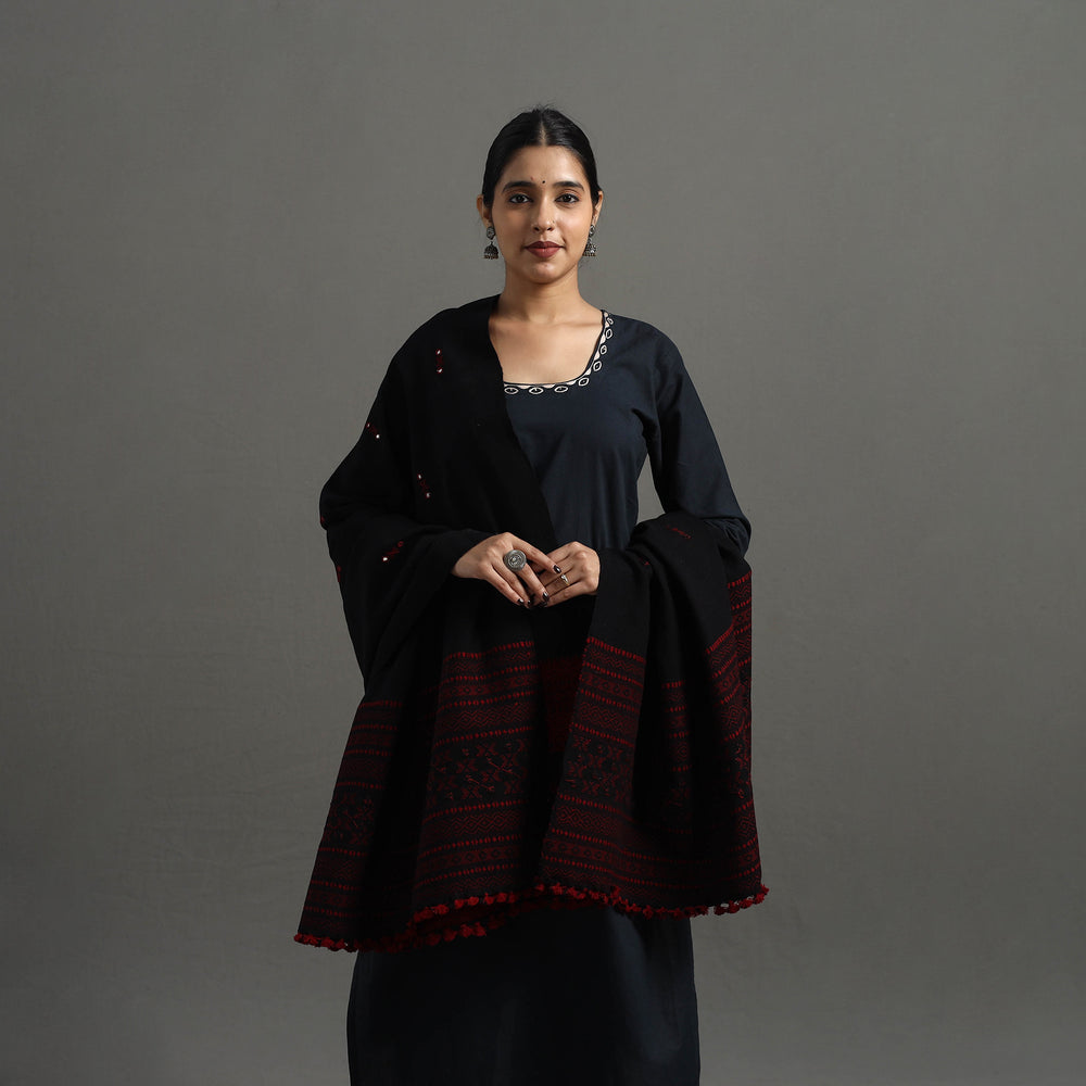 Black - Kutch Handwoven Mirror Work Woollen Shawl 19