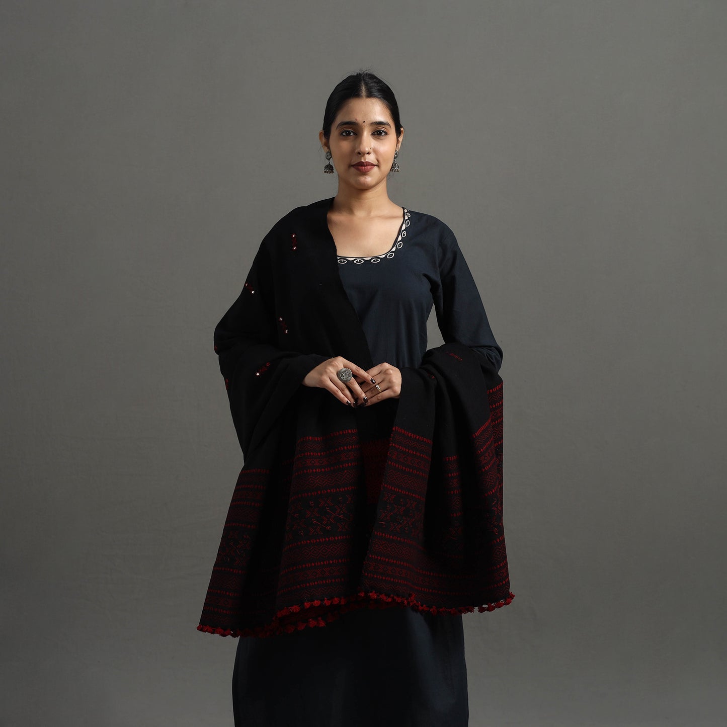 Black - Kutch Handwoven Mirror Work Woollen Shawl 19