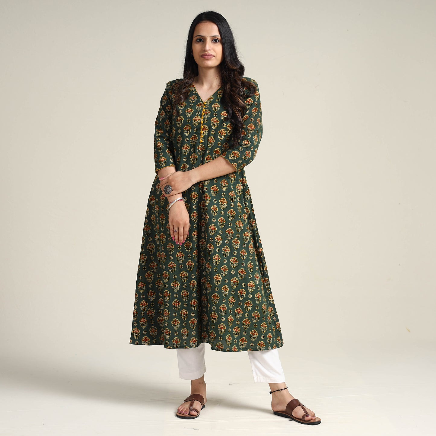 Green - Ajrakh Block Printed Cotton Long Kurta