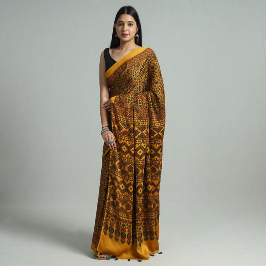 Yellow - Ajrakh Block Printed Modal Silk Saree with Tassels 06