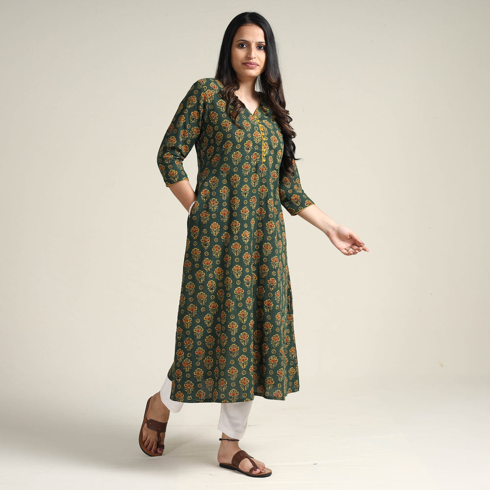 Green - Ajrakh Block Printed Cotton Long Kurta