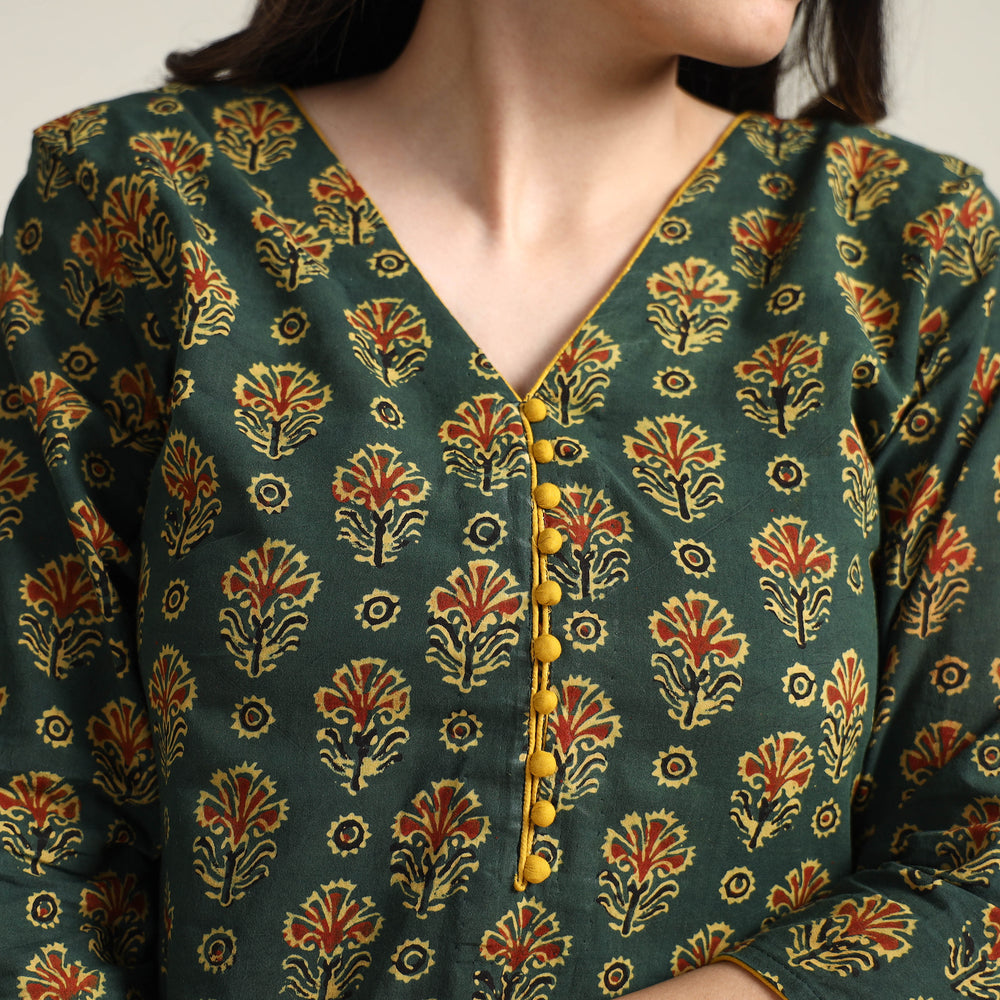 Green - Ajrakh Block Printed Cotton Long Kurta