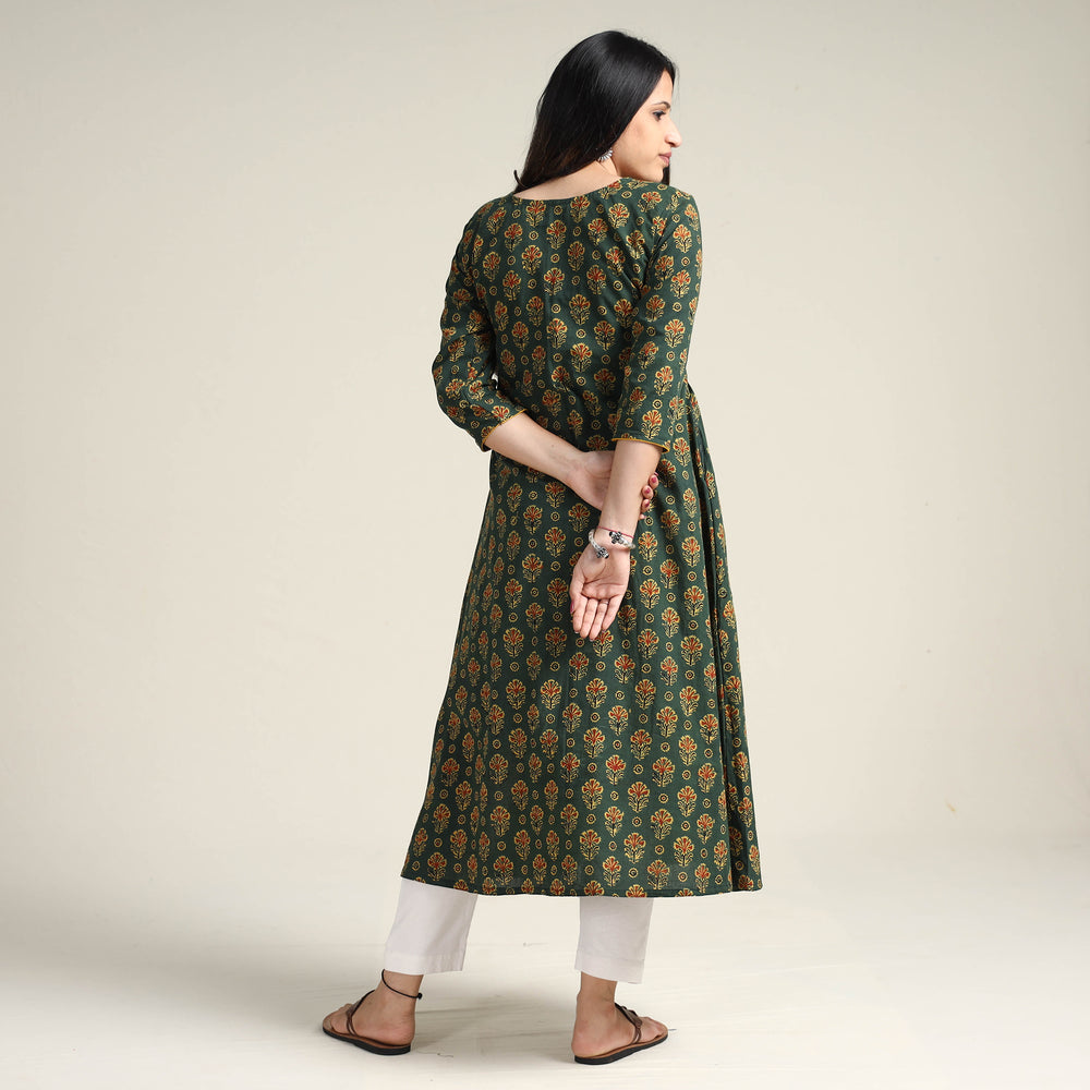 Green - Ajrakh Block Printed Cotton Long Kurta